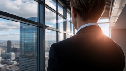 Aufkleber - Image depicts a person in a suit looking out a large window at a cityscape. Hints of ambition and success in an office are present, with bright light.