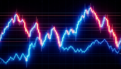 Poster - Fluctuating red and blue lines on a dark grid visualize data trends. Peaks and valleys indicate market changes or dynamic signals. Neon colors.