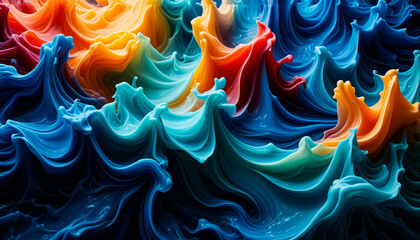 Poster - Vibrant abstract image featuring flowing waves in shades of blue, orange, and red. The dynamic swirls create a textured, fluid, and colorful pattern.