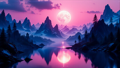 Poster - Serene mountain landscape reflecting in a calm lake under a full moon. Pink and purple hues paint the sky and water in a dreamy atmosphere.