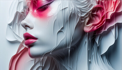 Aufkleber - Surreal female portrait with flowing white and pink abstract elements. Artistic depiction with liquid textures and vibrant colors in a close-up view.