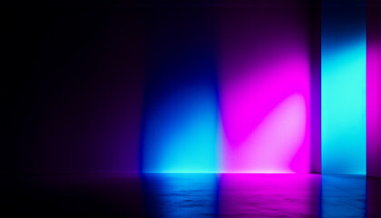 Leinwandbilder - Abstract scene in darkness with vibrant blue and pink lights creating soft shadows and reflections on a polished surface.