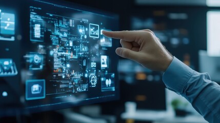 A man is pointing at a computer screen with a blue background