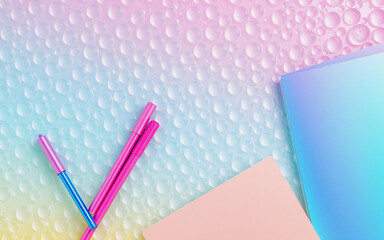 Canvas Print - soft pastel gradient backdrop with water droplet texture. pink drinking straws and pastel geometric 