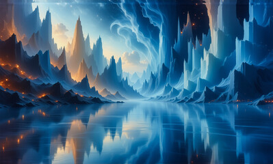 Aufkleber - A stunning landscape with jagged mountains reflecting in serene water under a dramatic sky with contrasting warm and cool colors creating a sense of wonder.