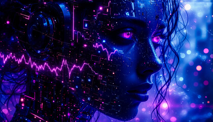 Fototapete - A digital portrait of a woman's profile is illuminated with neon purple and blue lights, showcasing abstract data patterns and a futuristic technological aesthetic.
