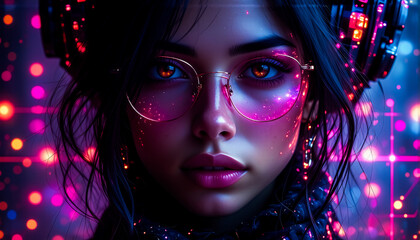 Fototapete - A young person with glasses and headphones is surrounded by vibrant neon lights, creating a futuristic and glowing ambiance.