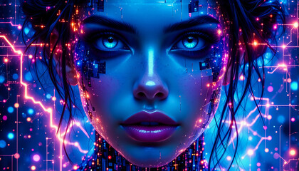 Poster - A striking digital portrait of a woman with luminous blue eyes, her face adorned with vibrant, neon circuit patterns and glowing lights in shades of blue and purple.
