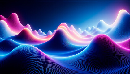 Poster - Abstract digital landscape featuring wavy hills with vibrant neon colors. Blue, pink, and purple hues create a futuristic, glowing and dynamic scene.