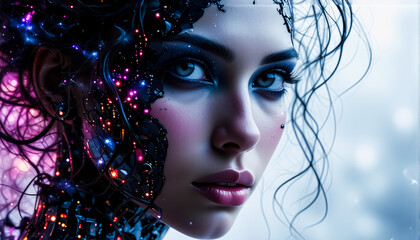 Poster - A woman with half of her face and body appearing organic and the other half cybernetic, detailed with glowing lights and intricate robotic elements. Intense gaze.