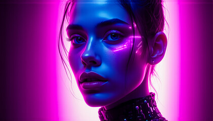 Poster - A woman's face is bathed in neon pink and blue light, creating a vibrant, futuristic ambiance. Her dark hair and eyes are highlighted by the electric glow.