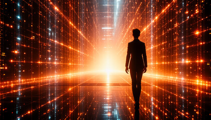 Aufkleber - A silhouette walks into a bright, futuristic tunnel of orange and blue glowing light grids. The perspective draws the eye deep into a digital, abstract space.