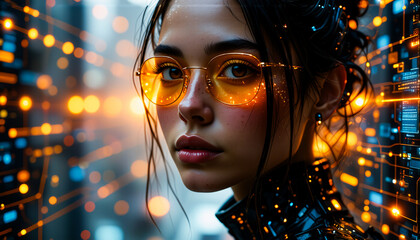 Poster - A woman with orange glasses gazes forward amidst a vibrant, abstract digital backdrop of glowing circuits and lights. The scene evokes a futuristic and technological atmosphere.