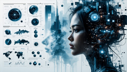 Fototapete - Futuristic woman with tech integrated into her head, surrounded by digital charts and data visualizations, embodying a modern technological concept.