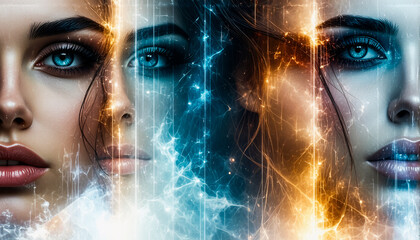 Aufkleber - Two faces, one with warm orange light, and the other in cool blue tones. Abstract energy streams connect them in an ethereal portrait.