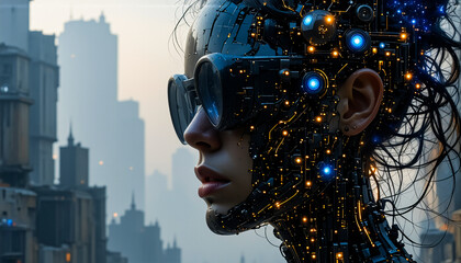 Poster - A cyborg woman with futuristic glasses stares into a sprawling cityscape of towering buildings in a technologically advanced future.