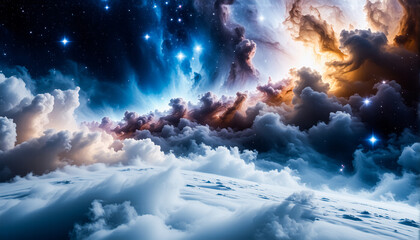 Fototapete - A dreamy celestial skyscape with swirling clouds illuminated by starlight and nebula colors.  Vibrant, ethereal atmosphere with blue and orange tones.