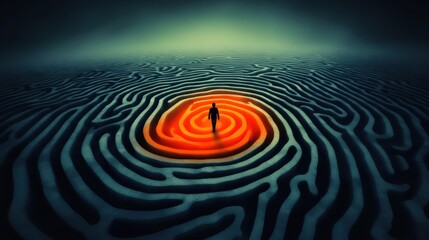 Lone figure navigates a swirling, fingerprint-like maze of orange and dark teal