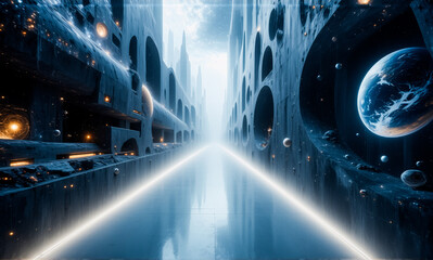 Poster - A gleaming path stretches through a colossal futuristic structure, opening to a cosmic vista filled with planets and distant stars, blending urban design with the vastness of space.