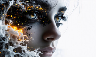 Poster - A striking close-up captures a face with intense eyes, where golden particles and abstract forms dance around, creating a mesmerizing and ethereal visual experience.