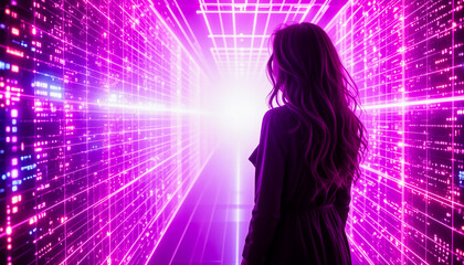 Poster - A woman stands silhouetted in a vibrant neon tunnel, bathed in pink and purple light.  She looks toward a bright opening at the end of the digital-looking corridor.