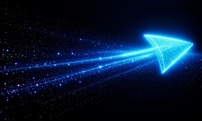 Aufkleber - A bright blue arrow composed of digital dots streaks rightward against a black backdrop, conveying motion and futuristic technology with glowing trails.
