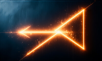 Fototapete - A vibrant orange arrow glows against a dark backdrop, emitting bright sparkles. The geometric shape points left, creating a directional and futuristic light design element.