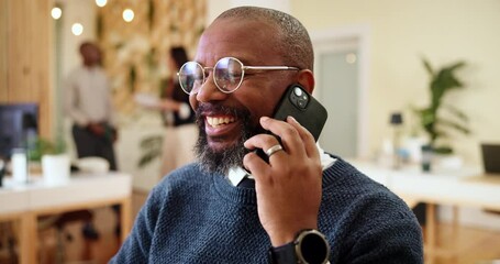 Poster - Phone call, smile and man in office, business and communication with planning. Employee, financial advisor and professional in workplace, cellphone and digital app for chatting and conversation