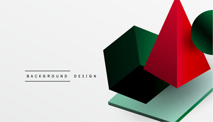 Wall Mural - abstract geometric composition. red pyramid, dark green cube, light green square. minimalist design,