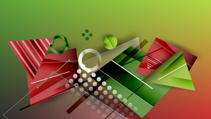 Aufkleber - Abstract composition. Red, green shapes overlap. White lines, circles create dynamic visual effect. Gradient background adds depth. Modern design.