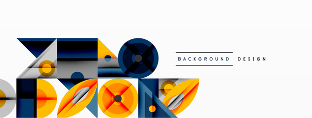 Wall Mural - abstract geometric composition. overlapping shapes create dynamic visual effect. blue, orange, gray 