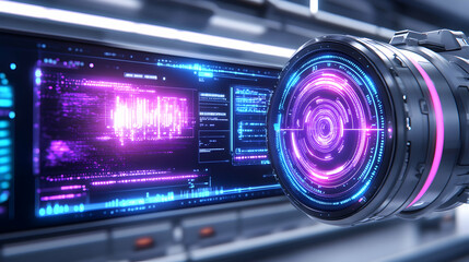 Wall Mural - futuristic camera lens with holographic display showing data