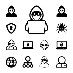 create a striking icon depicting a hooded figure, shrouded in shadow, hunched over a laptop, subtly 