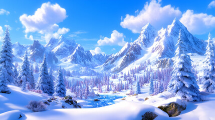 Sunlit snowy mountain range with evergreen trees and frozen stream
