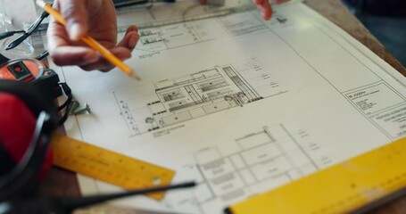 Poster - Hands, architect and blueprint with drawing for construction layout, floor plan and sketch of renovation process. People, paperwork or pencil of architecture design, project update and infrastructure