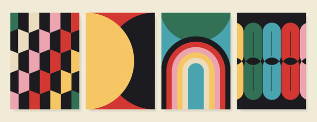 Wall Mural - Abstract Contemporary art poster background. Retro Geometric cover template with vintage colorful perspective geometric prism shape. Ideal design for background, social media, banner, ads.