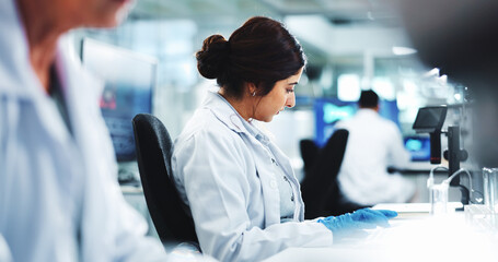 Aufkleber - Woman, scientist and typing in lab for research, information and results for medical discovery. Person, science and feedback on experiment for biotechnology, assessment report and healthcare solution