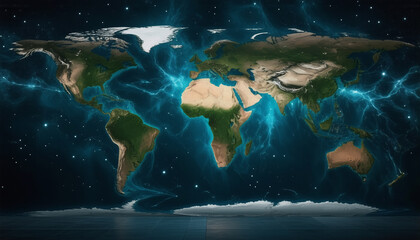 Wall Mural - world map with continents brightly illuminated in blue, set against a dark, starry cosmic background