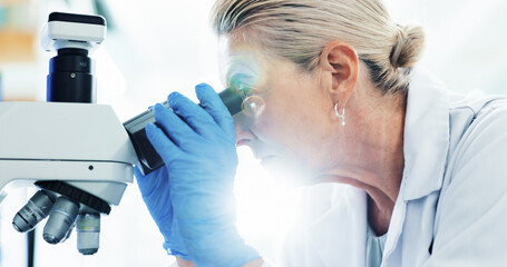 Aufkleber - Woman, scientist and discovery with microscope for forensic research, medical exam or tests at laboratory. Female person, doctor or science with bio technology for health analysis, cure or DNA at lab