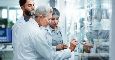 Poster - Glass wall, science and people in lab, research and collaboration for experiment. Scientist, group and employees in workplace, cooperation and review chemistry equation with brainstorming and results