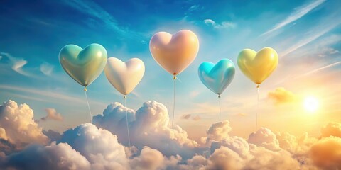 Wall Mural - heart-shaped balloons ascend amidst a breathtaking sunset, soaring above fluffy clouds, a serene and