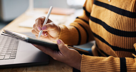 Fototapete - Tablet, remote work and woman with pen in hands for creative drawing, sketch or graphic design. Digital technology, stylus or freelancer on app closeup for art, brand logo or research in home office