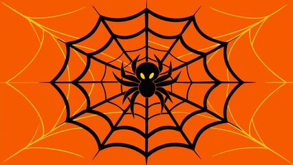 A black spider with yellow eyes on a black and yellow web against an orange colored background
