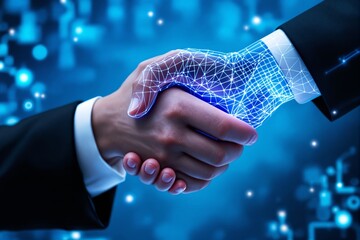 Sticker - digital handshake between human and artificial intelligence in a business concept.