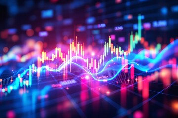Poster - Financial market chart with glowing candlestick and wave patterns.