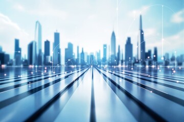 Sticker - futuristic smart city skyline with digital connections on a reflective surface.