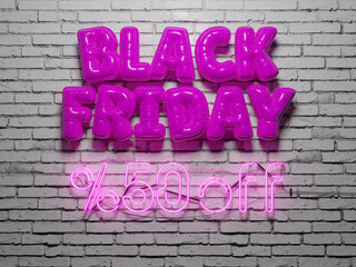 black friday balloon letters with neon discount sign