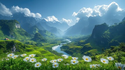 Poster - Panoramic view of a valley with a river, mountains, and daisies in the foreground under a bright blue sky with clouds.