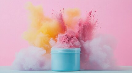 Fototapete - Pastel powder explosion from a light blue jar against a pink background.
