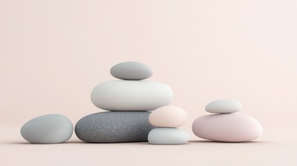 Poster - Pastel-colored stones stacked in a minimalist arrangement against a soft pink background.